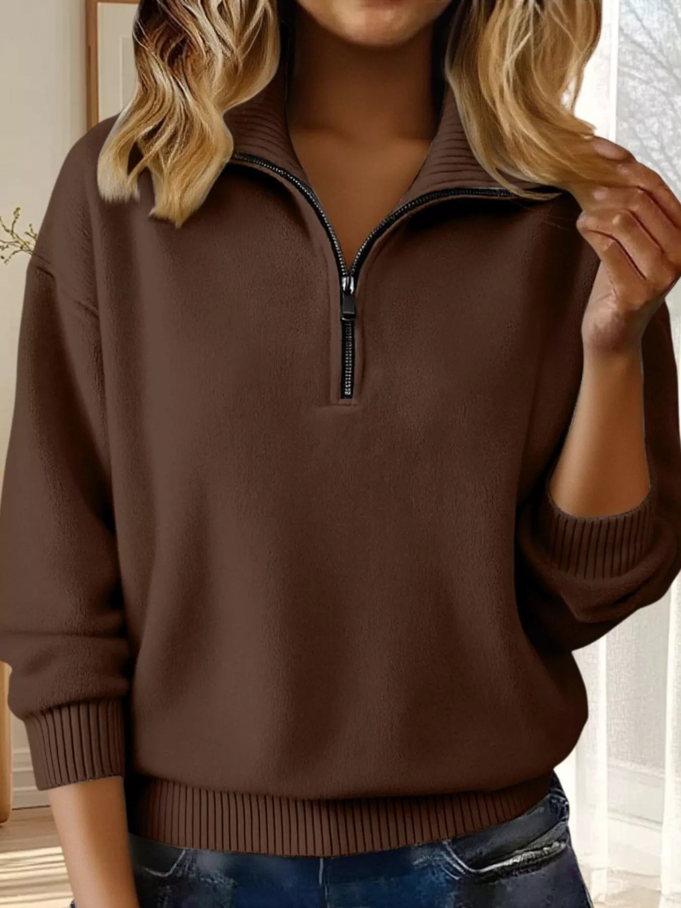 Full Size Half Zip Dropped Shoulder Sweater Plus Size - Brown-S- - PBNJ FASHIONS