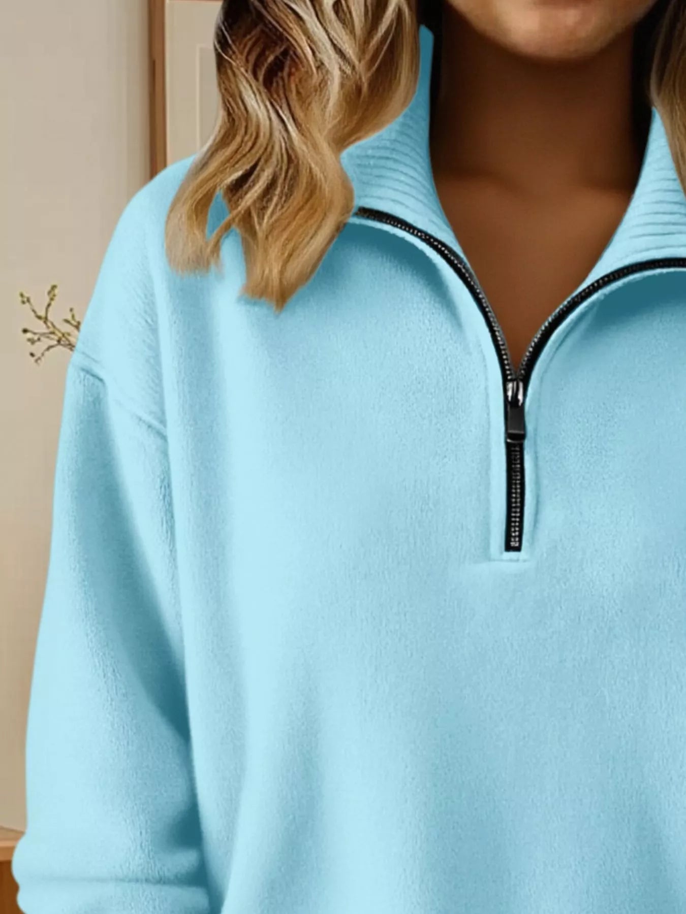 Full Size Half Zip Dropped Shoulder Sweater Plus Size - Sky Blue-S- - PBNJ FASHIONS