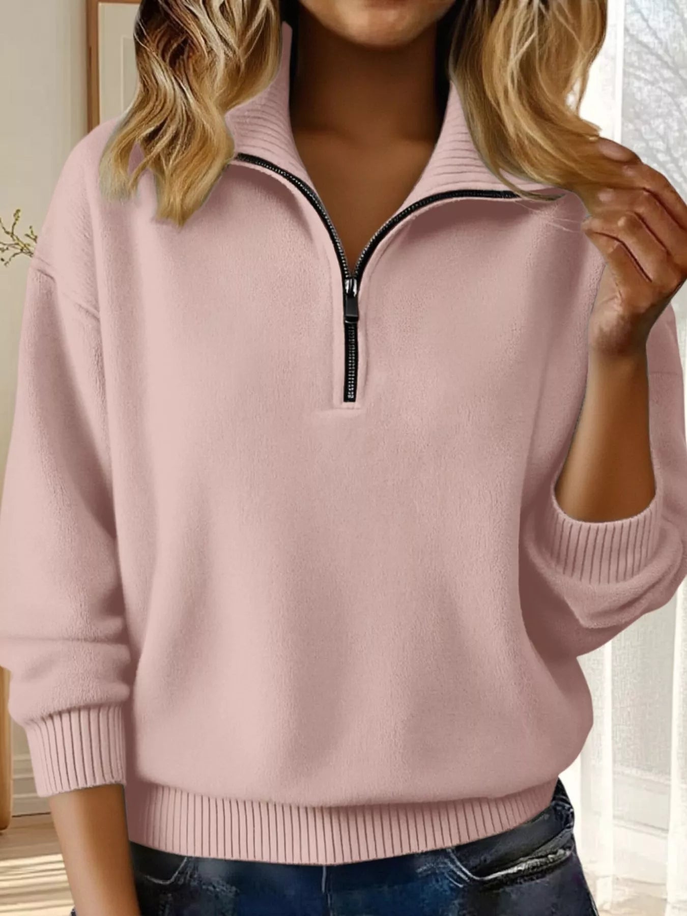 Full Size Half Zip Dropped Shoulder Sweater Plus Size - Pink-S- - PBNJ FASHIONS