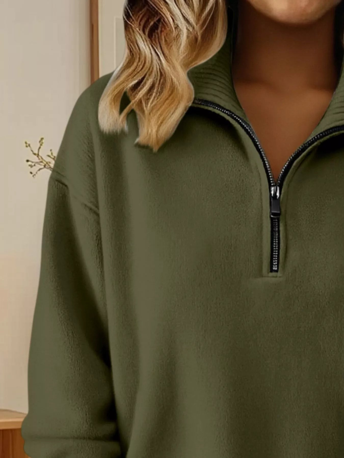 Full Size Half Zip Dropped Shoulder Sweater Plus Size - Army Green-S- - PBNJ FASHIONS