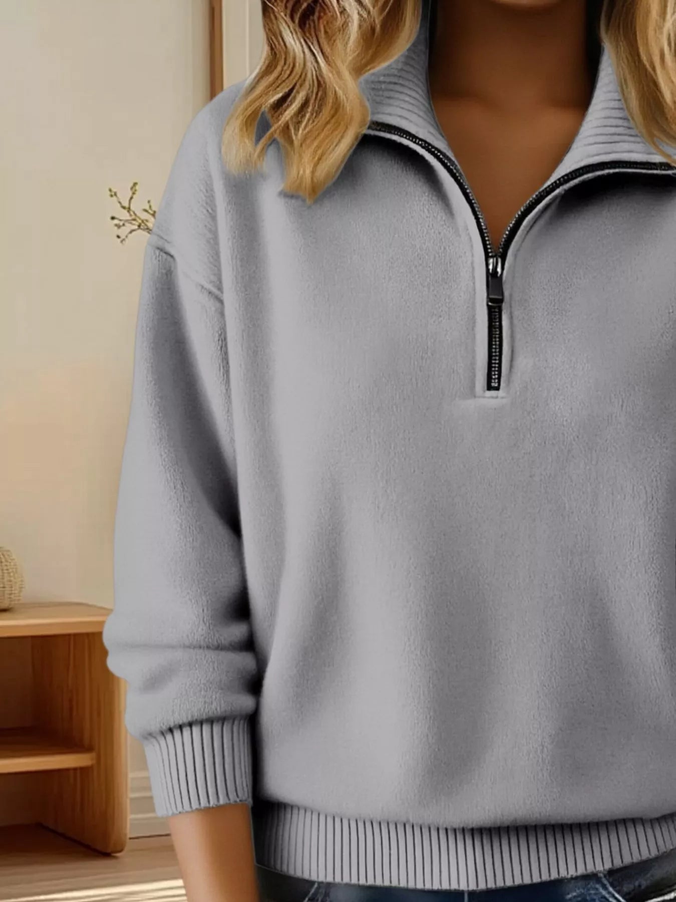 Full Size Half Zip Dropped Shoulder Sweater Plus Size - Gray-S- - PBNJ FASHIONS