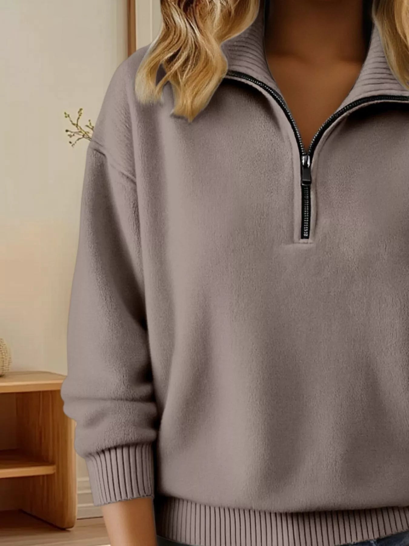 Full Size Half Zip Dropped Shoulder Sweater Plus Size - Camel-S- - PBNJ FASHIONS