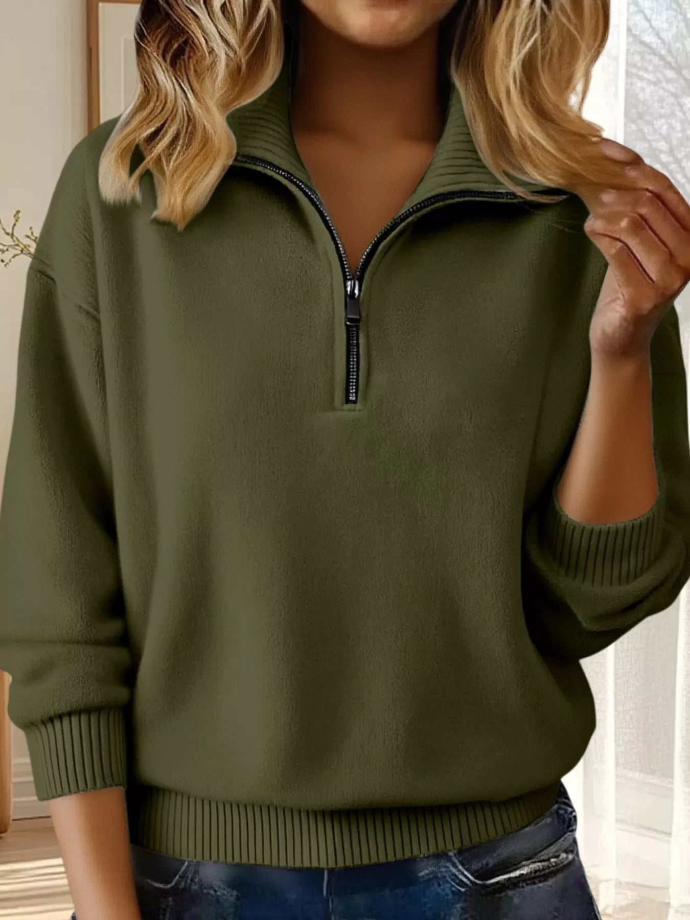 Full Size Half Zip Dropped Shoulder Sweater Plus Size - Army Green-S- - PBNJ FASHIONS