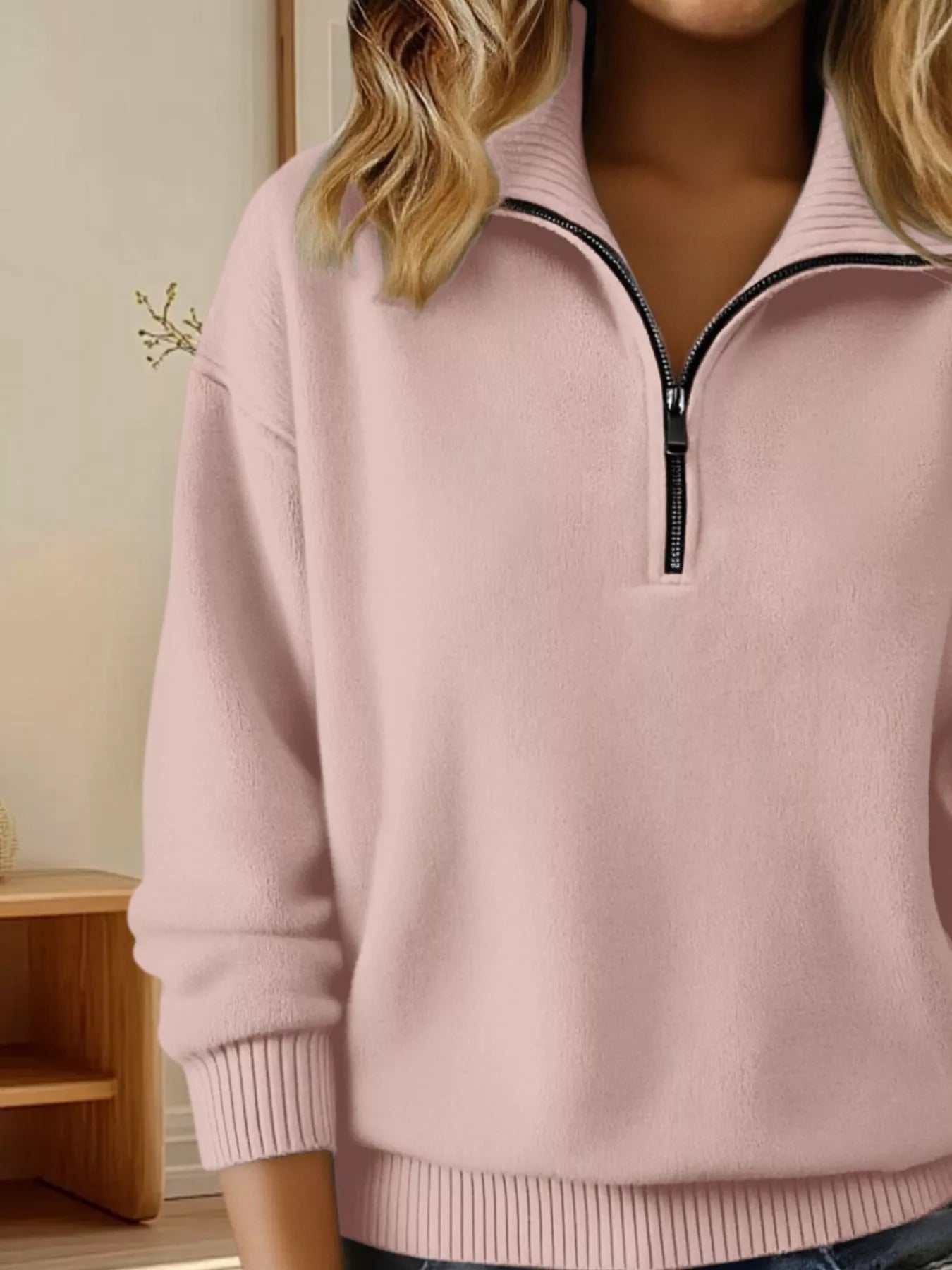 Full Size Half Zip Dropped Shoulder Sweater Plus Size - Pink-S- - PBNJ FASHIONS