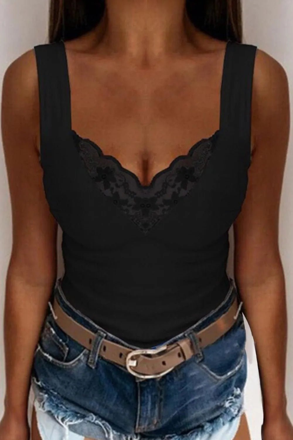 Full Size Lace Detail V - Neck Tank Plus Size - PBNJ FASHIONS
