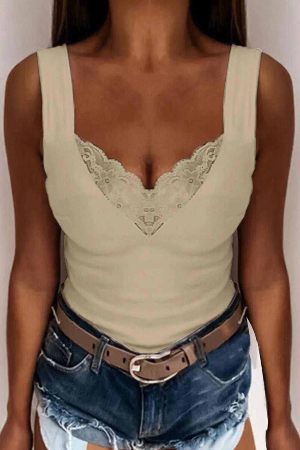 Full Size Lace Detail V - Neck Tank Plus Size - PBNJ FASHIONS