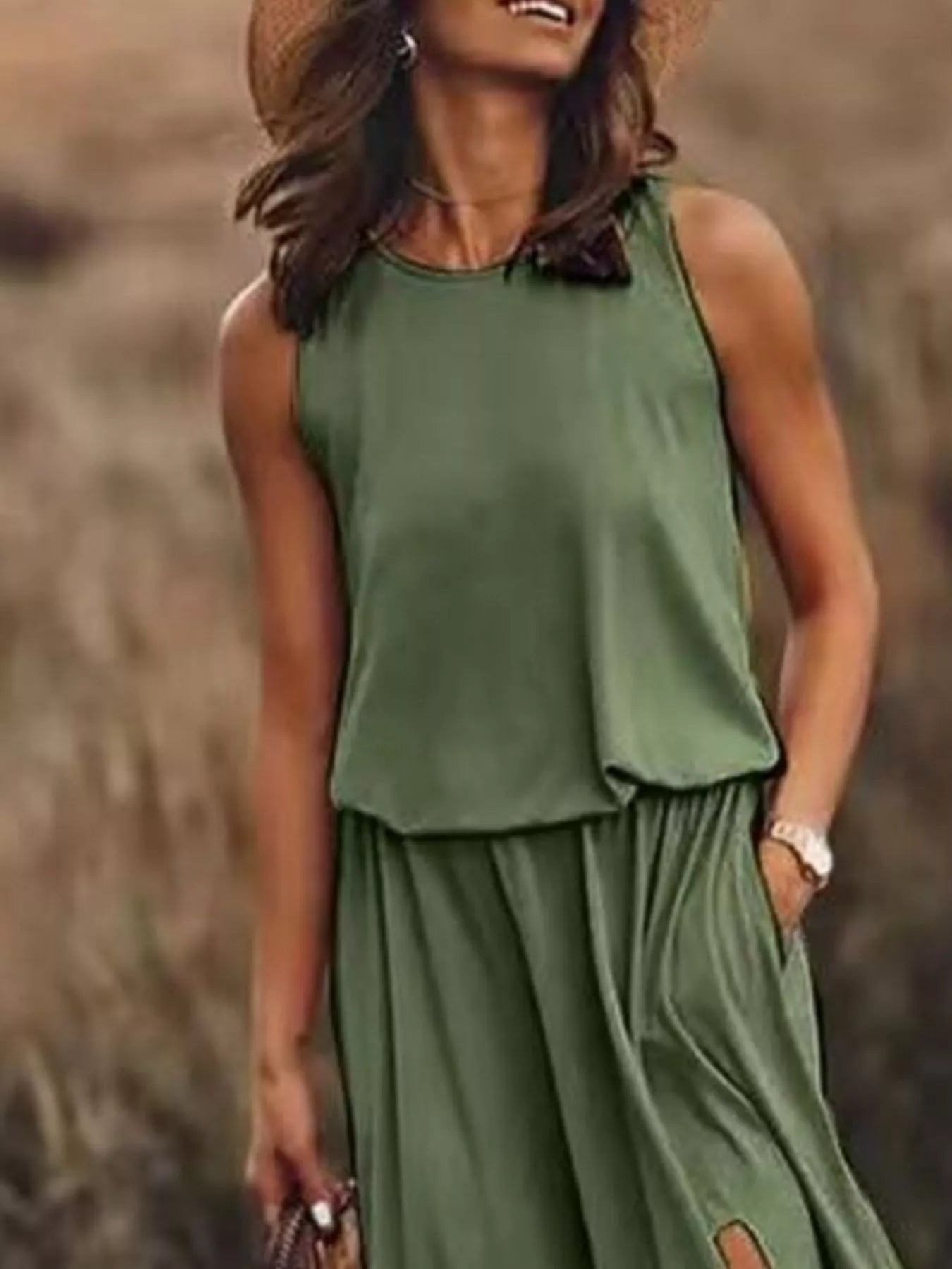 Full Size Round Neck Sleeveless Slit Maxi Dress Plus Size - PBNJ FASHIONS