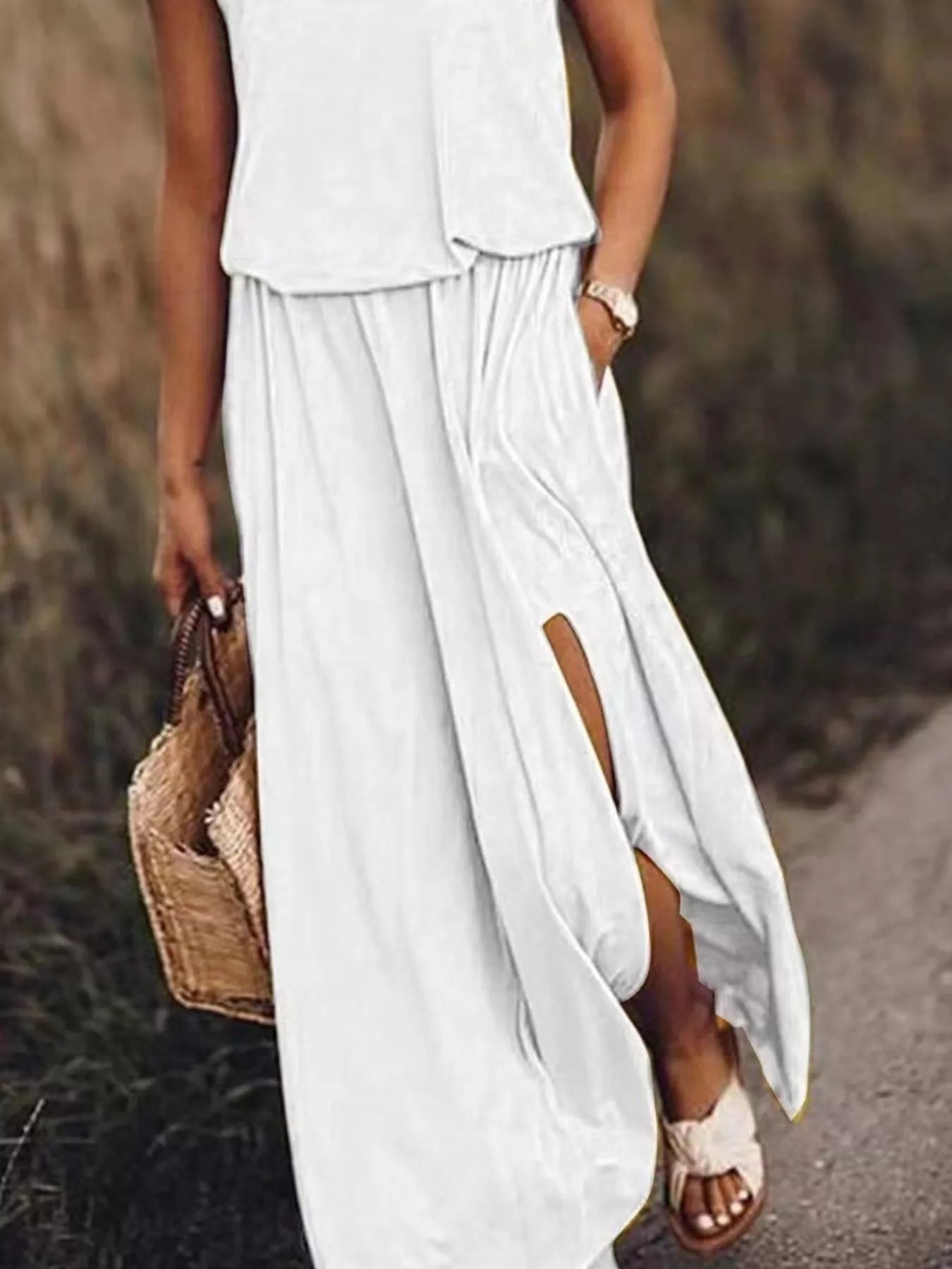 Full Size Round Neck Sleeveless Slit Maxi Dress Plus Size - PBNJ FASHIONS