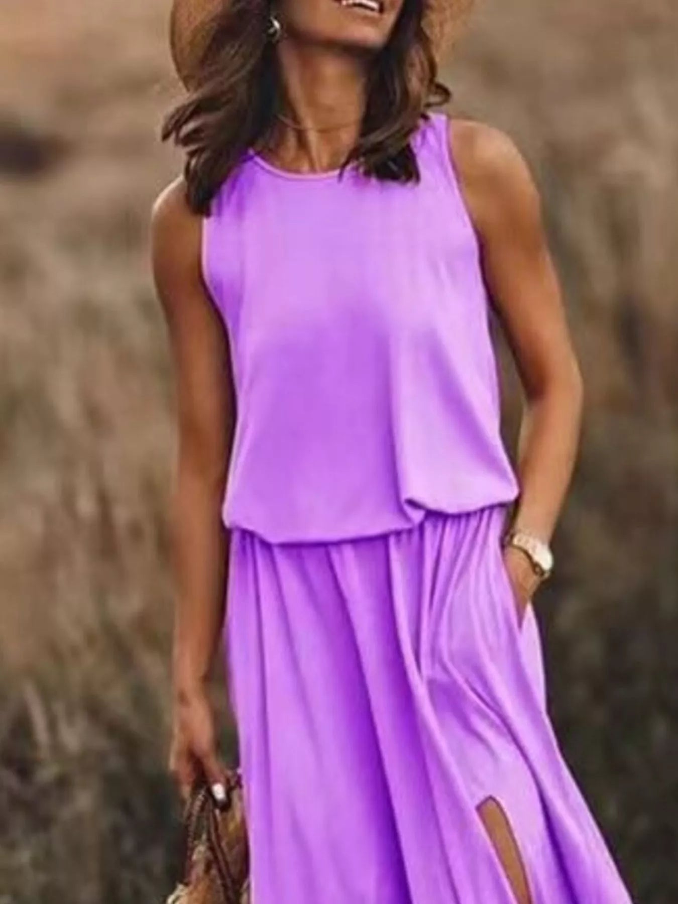 Full Size Round Neck Sleeveless Slit Maxi Dress Plus Size - PBNJ FASHIONS