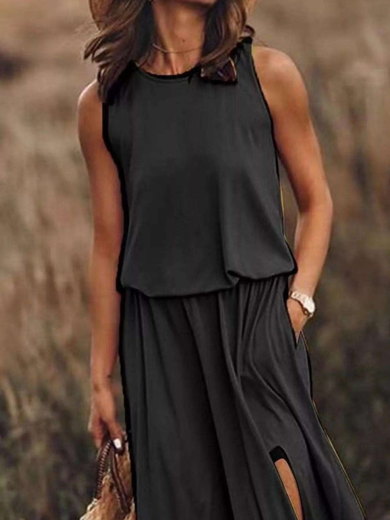 Full Size Round Neck Sleeveless Slit Maxi Dress Plus Size - PBNJ FASHIONS