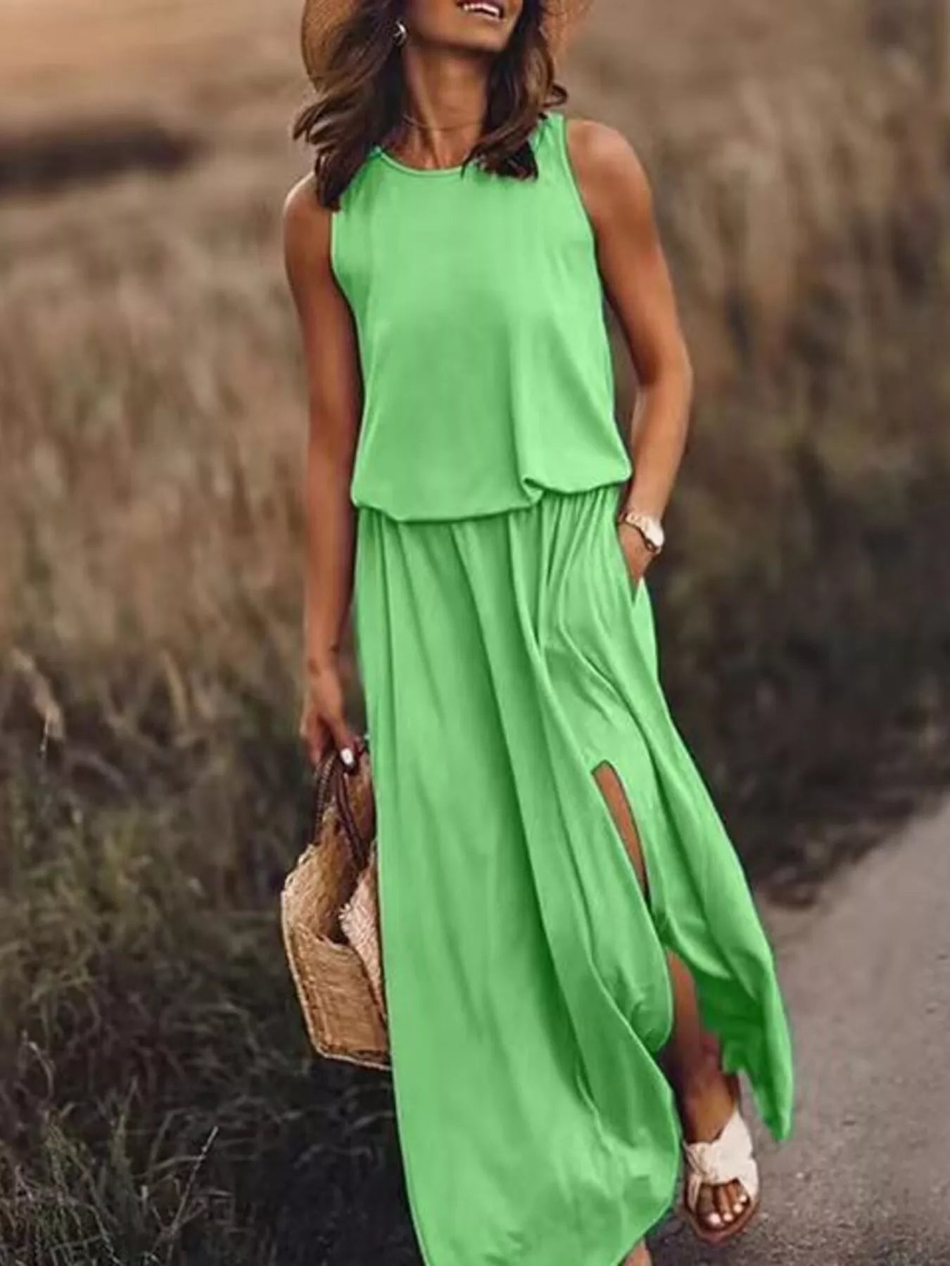 Full Size Round Neck Sleeveless Slit Maxi Dress Plus Size - PBNJ FASHIONS