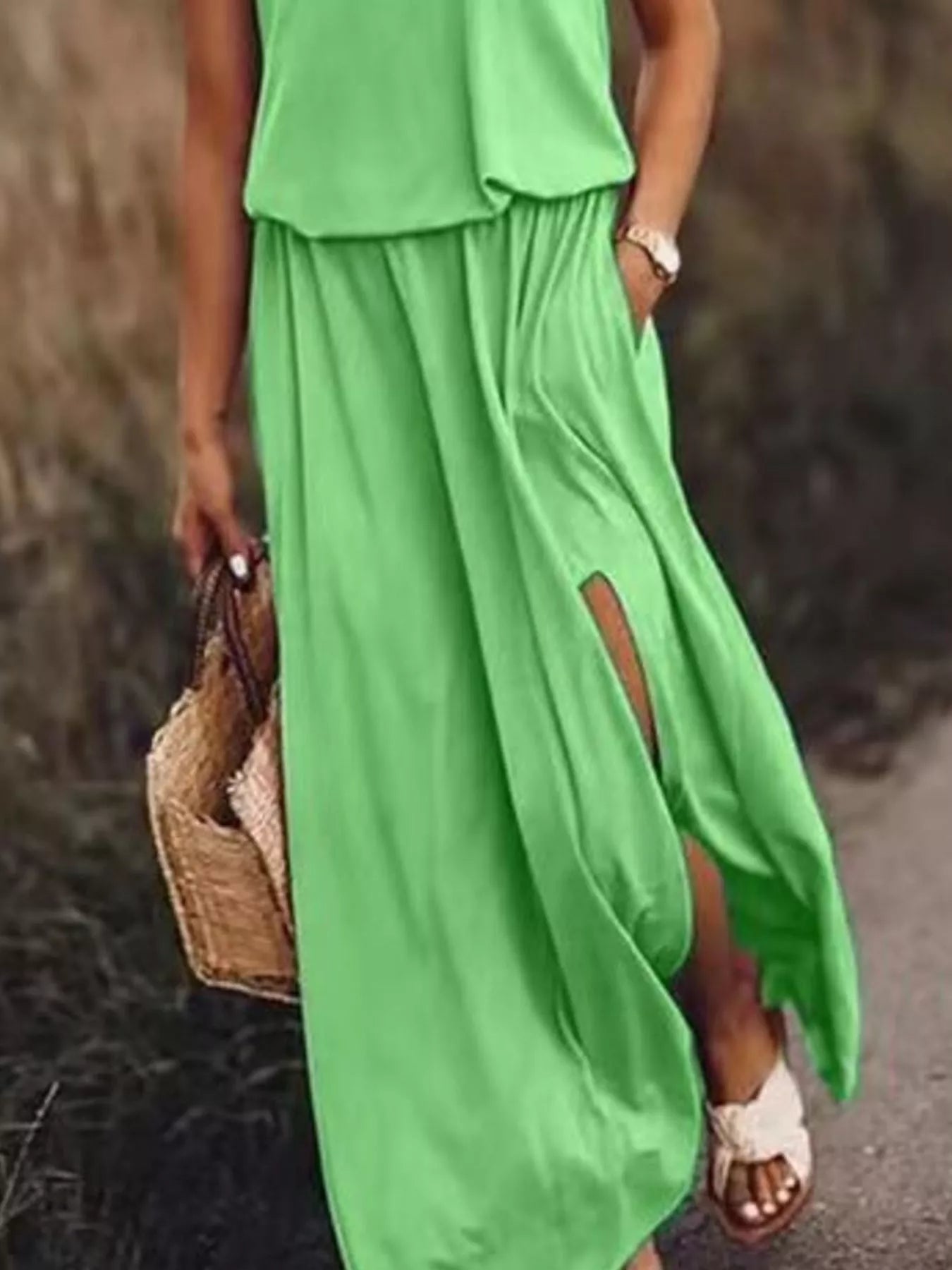 Full Size Round Neck Sleeveless Slit Maxi Dress Plus Size - PBNJ FASHIONS