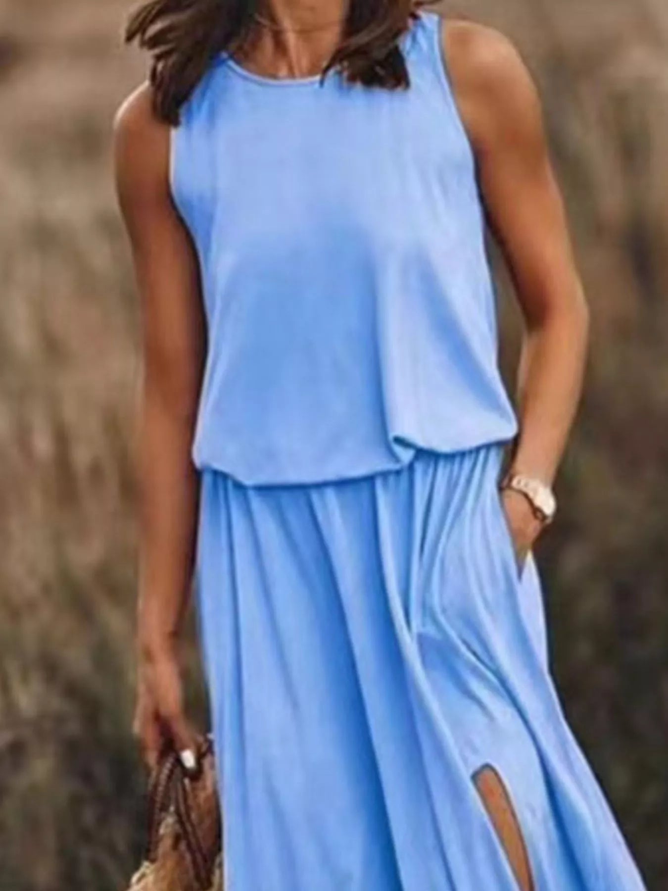 Full Size Round Neck Sleeveless Slit Maxi Dress Plus Size - PBNJ FASHIONS