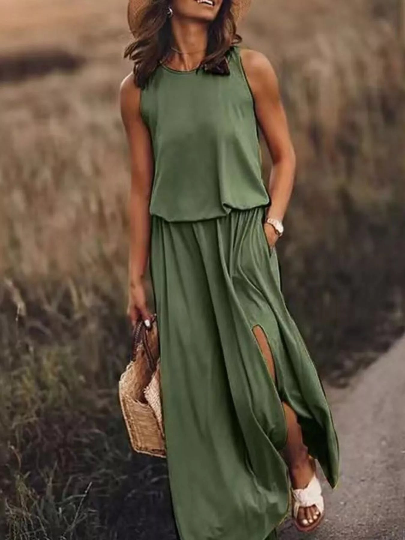 Full Size Round Neck Sleeveless Slit Maxi Dress Plus Size - PBNJ FASHIONS