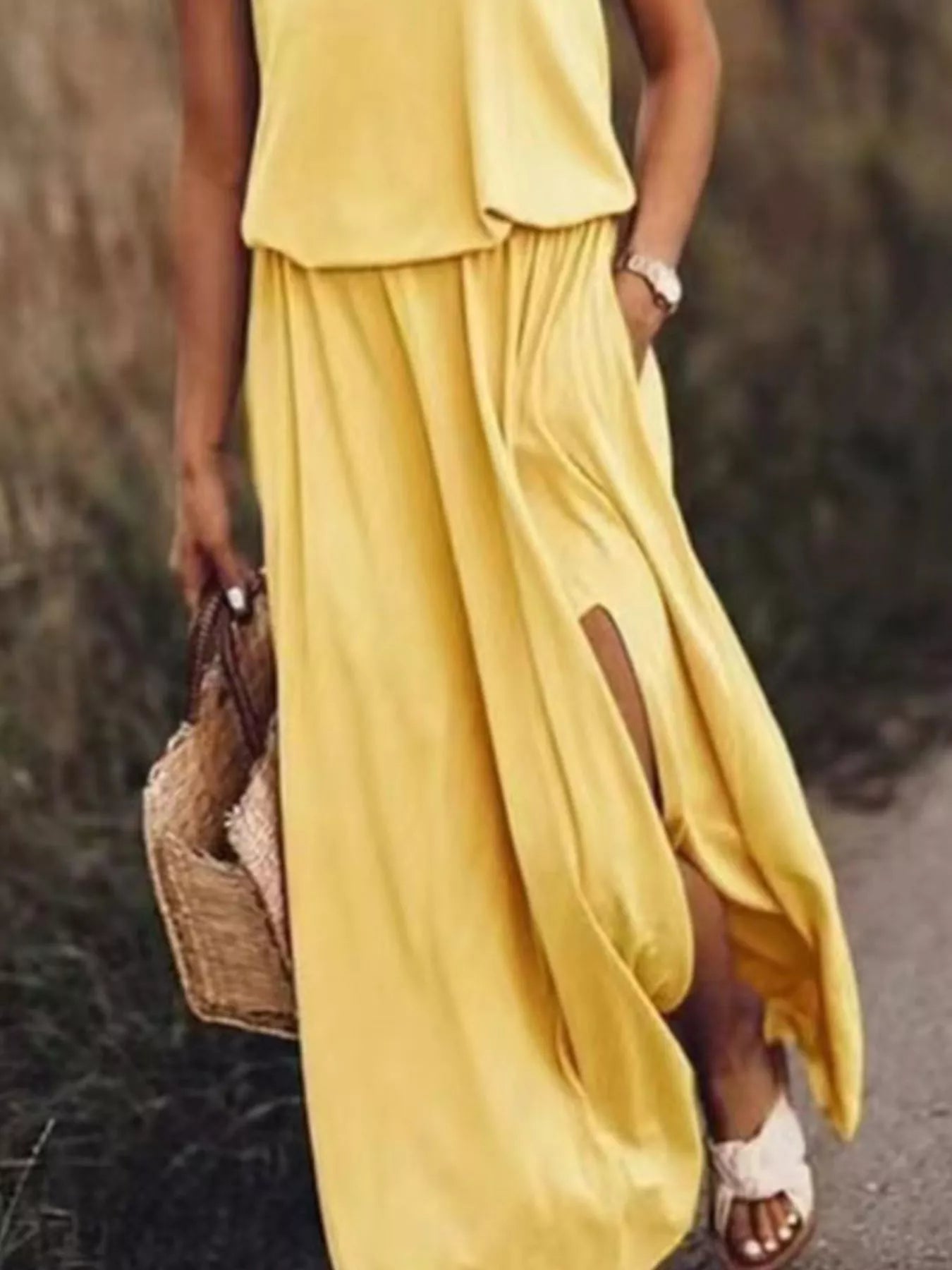 Full Size Round Neck Sleeveless Slit Maxi Dress Plus Size - PBNJ FASHIONS