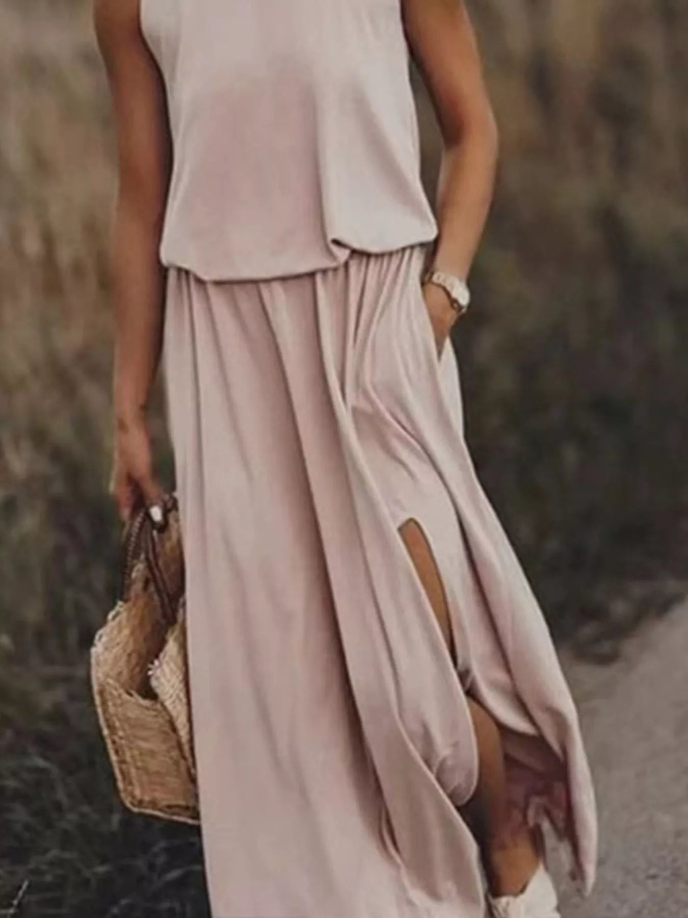 Full Size Round Neck Sleeveless Slit Maxi Dress Plus Size - PBNJ FASHIONS