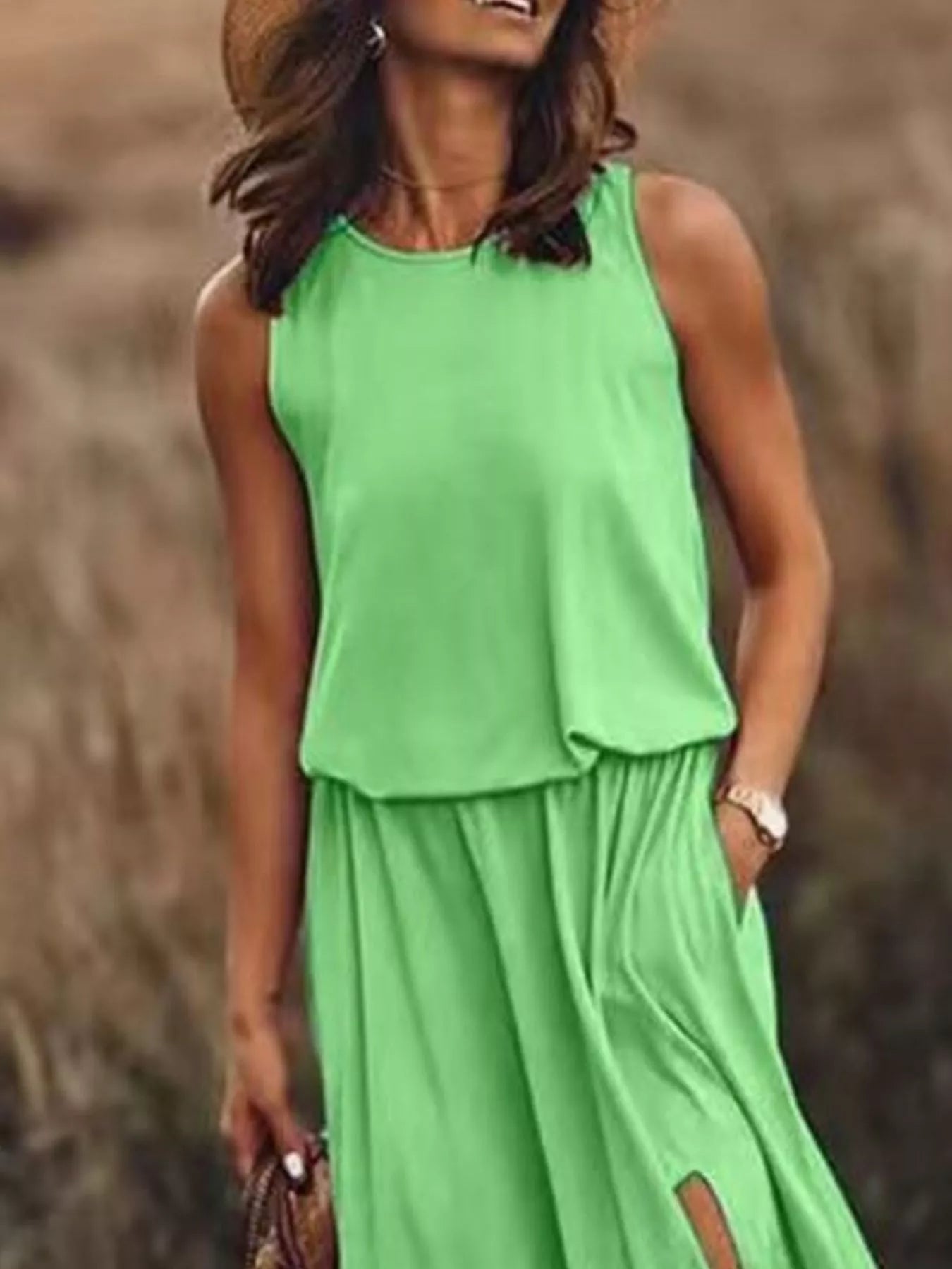 Full Size Round Neck Sleeveless Slit Maxi Dress Plus Size - PBNJ FASHIONS