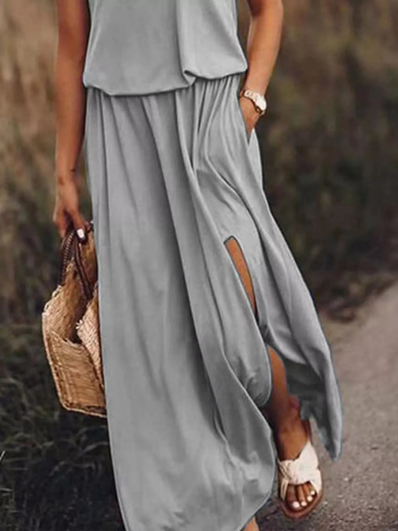 Full Size Round Neck Sleeveless Slit Maxi Dress Plus Size - PBNJ FASHIONS