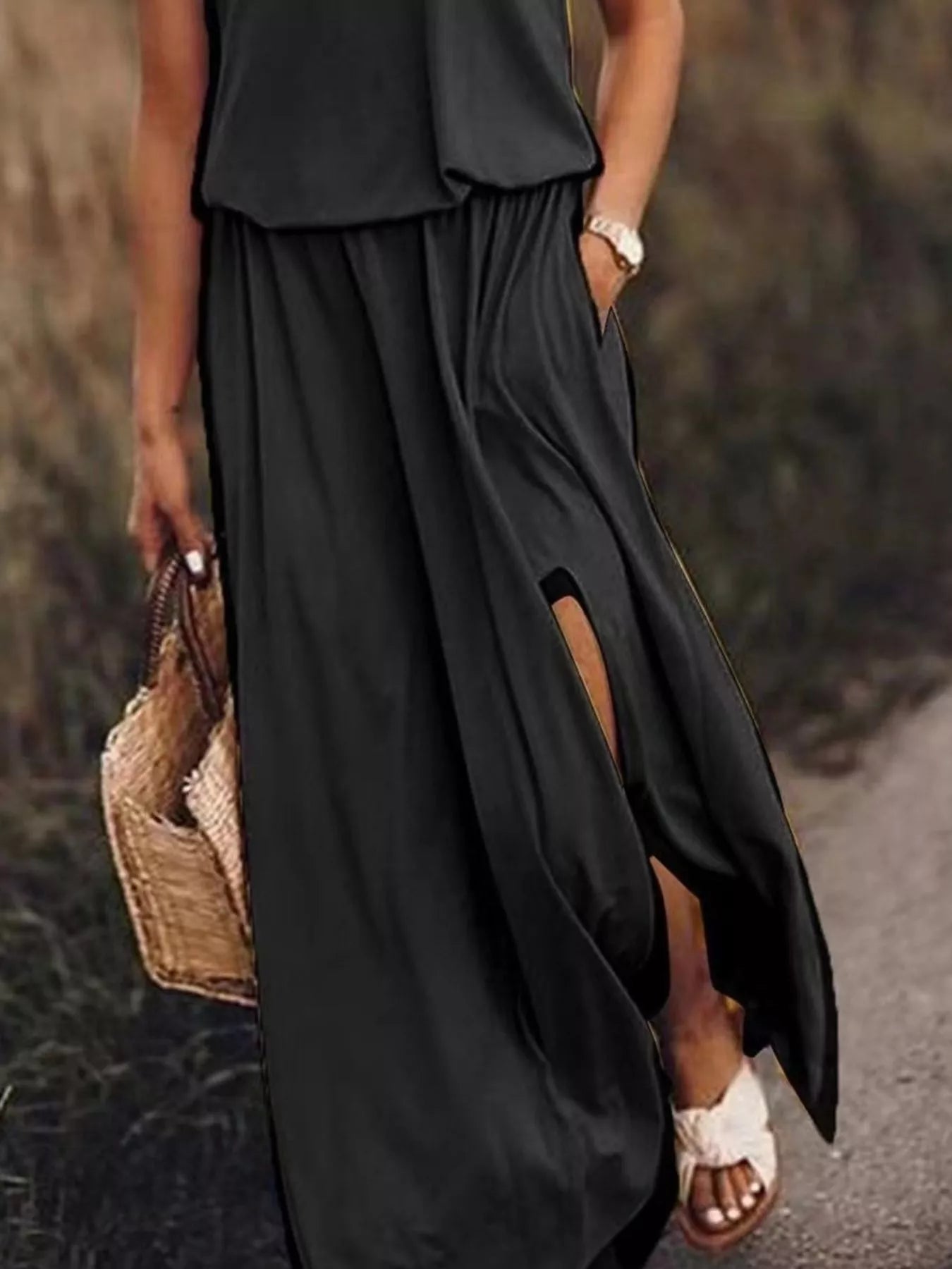 Full Size Round Neck Sleeveless Slit Maxi Dress Plus Size - PBNJ FASHIONS