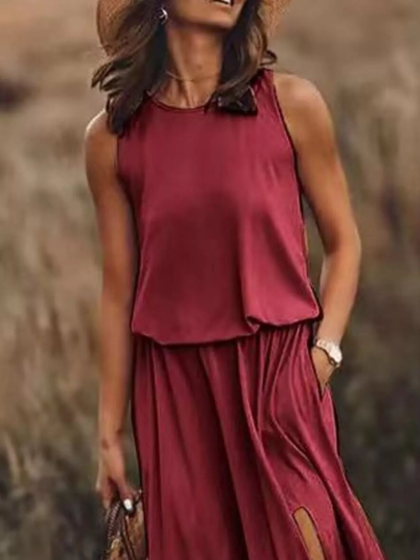 Full Size Round Neck Sleeveless Slit Maxi Dress Plus Size - PBNJ FASHIONS