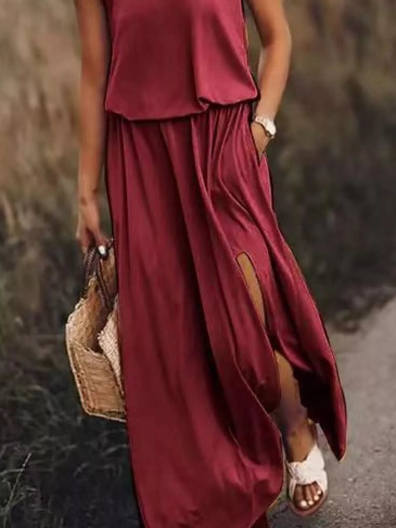 Full Size Round Neck Sleeveless Slit Maxi Dress Plus Size - PBNJ FASHIONS