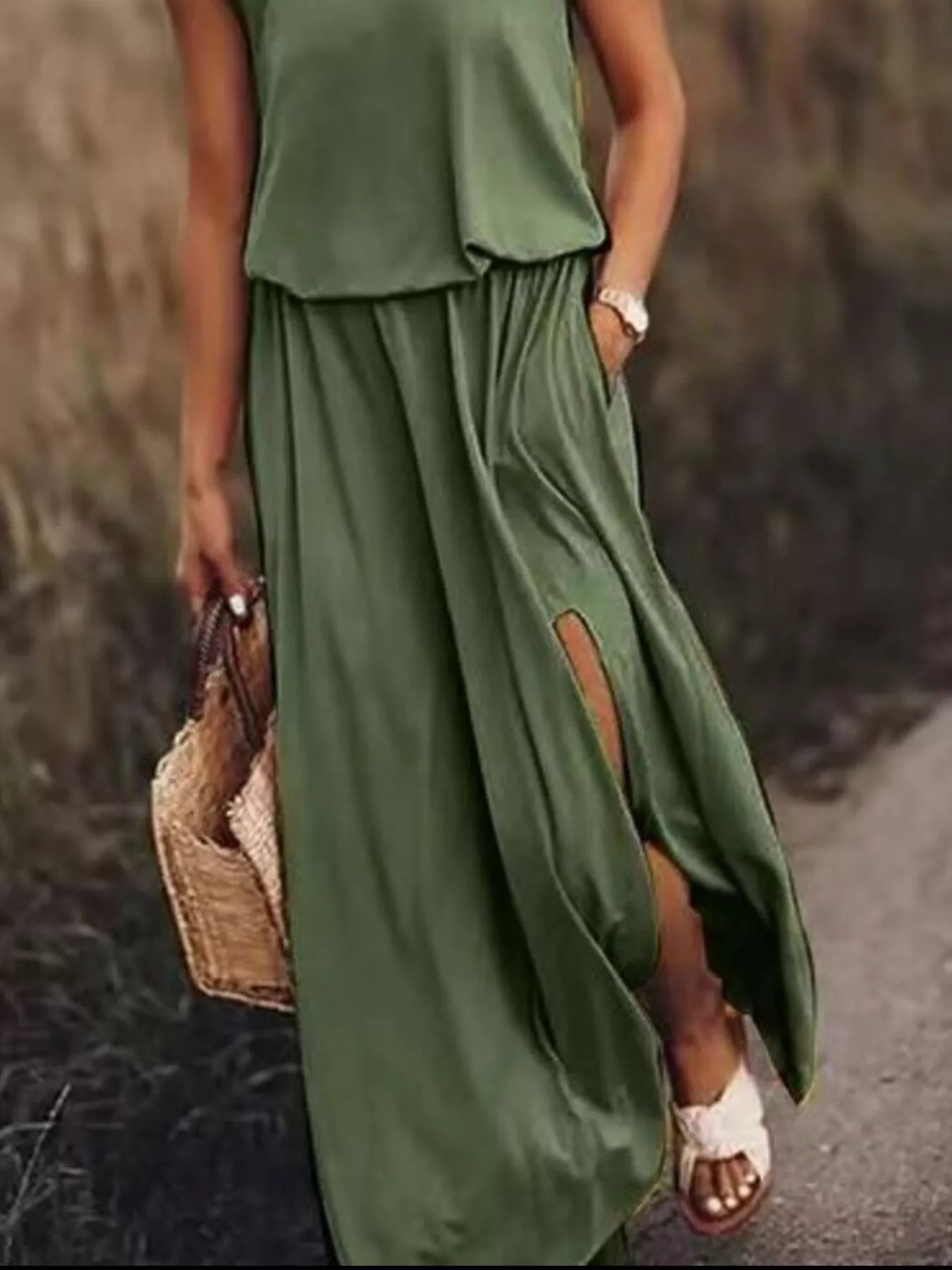 Full Size Round Neck Sleeveless Slit Maxi Dress Plus Size - PBNJ FASHIONS