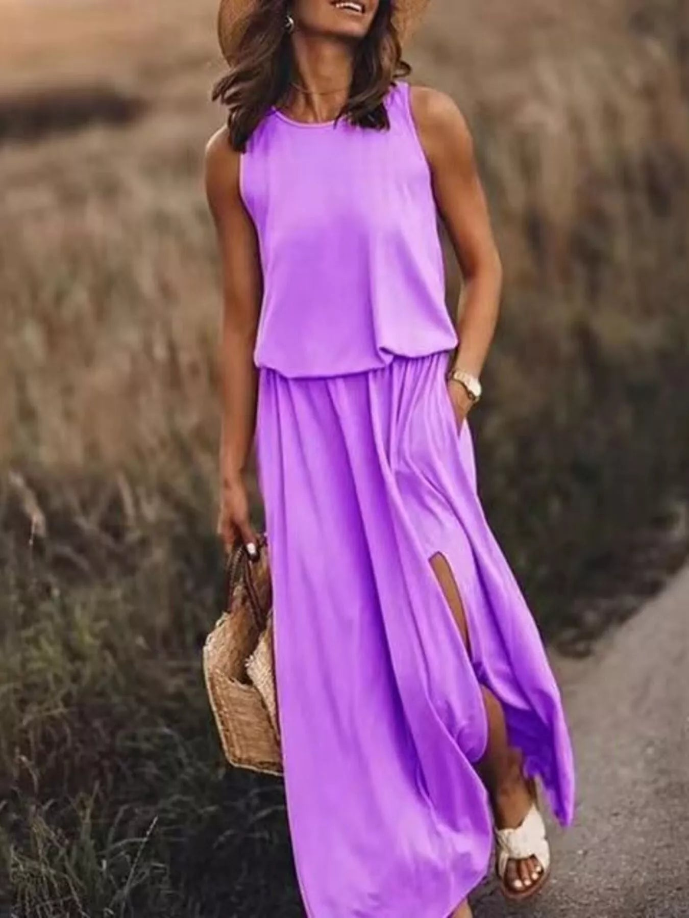 Full Size Round Neck Sleeveless Slit Maxi Dress Plus Size - PBNJ FASHIONS