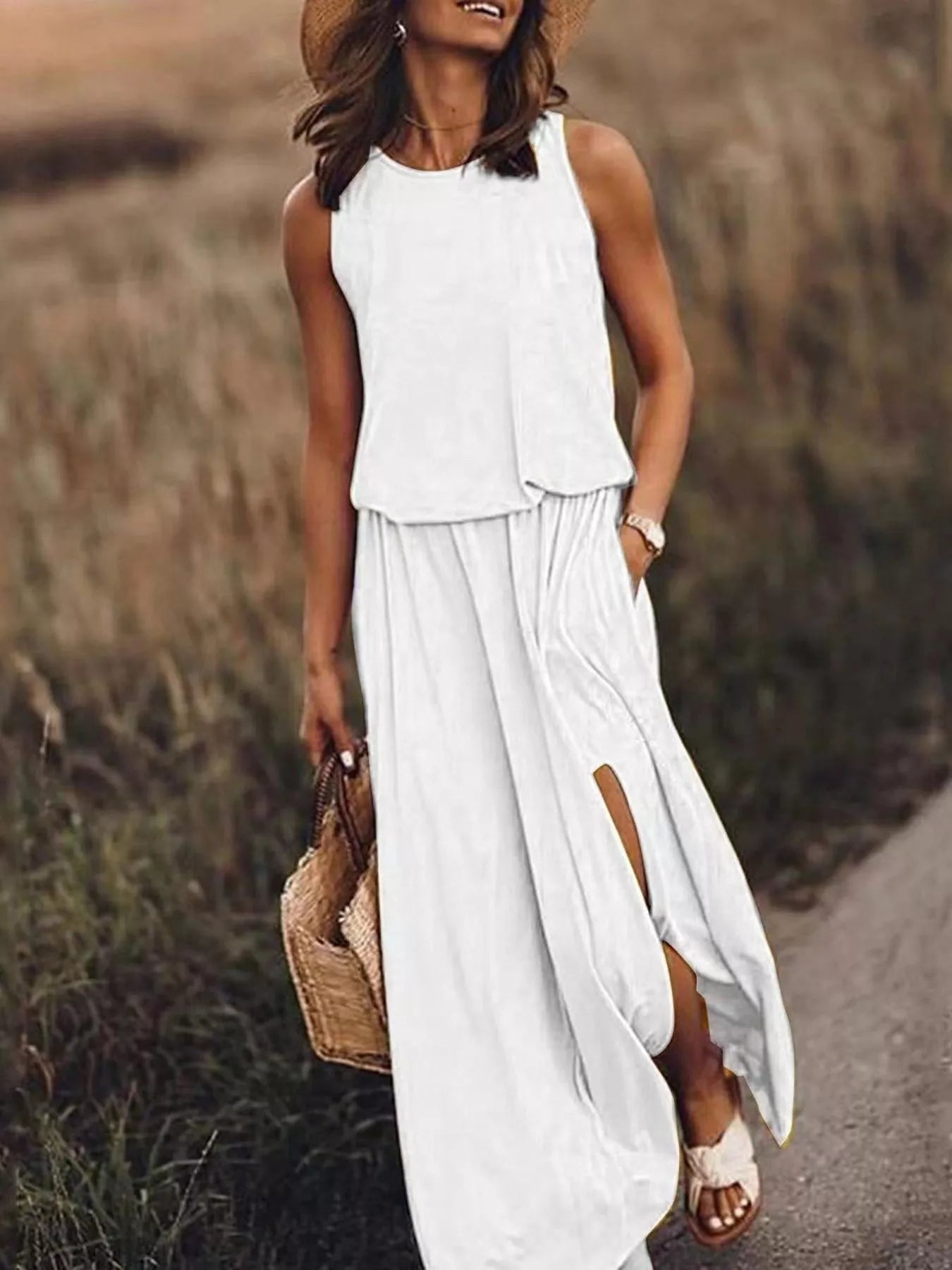 Full Size Round Neck Sleeveless Slit Maxi Dress Plus Size - PBNJ FASHIONS