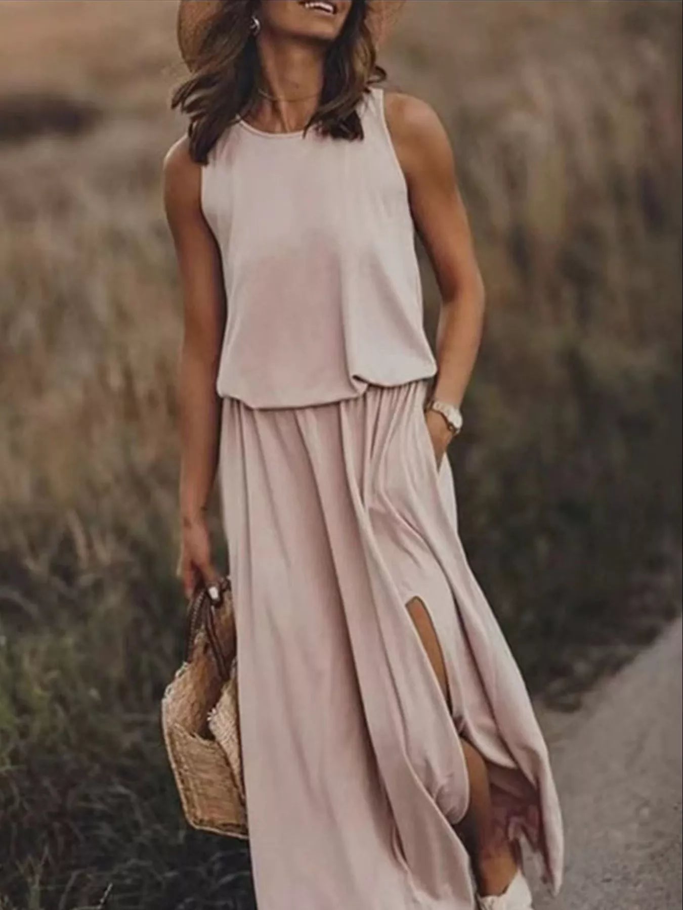 Full Size Round Neck Sleeveless Slit Maxi Dress Plus Size - PBNJ FASHIONS