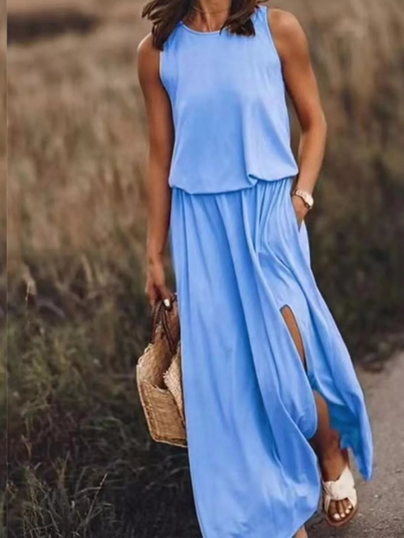 Full Size Round Neck Sleeveless Slit Maxi Dress Plus Size - PBNJ FASHIONS