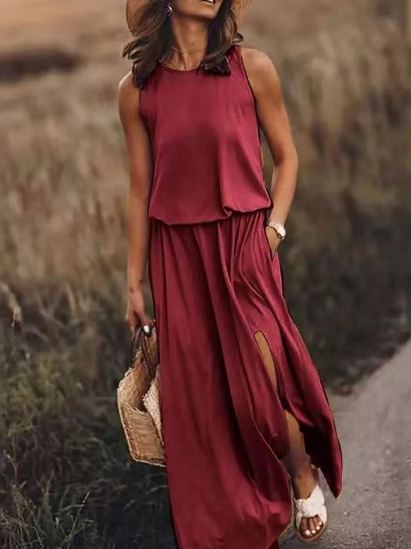 Full Size Round Neck Sleeveless Slit Maxi Dress Plus Size - PBNJ FASHIONS
