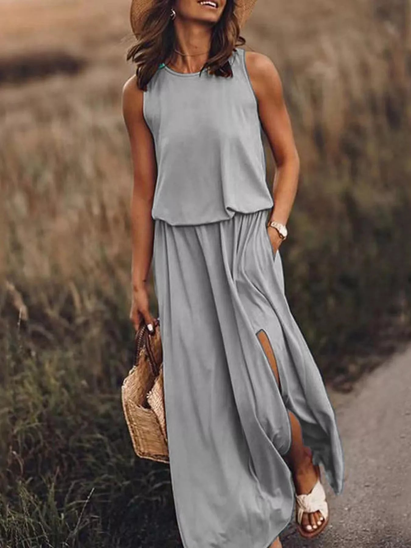 Full Size Round Neck Sleeveless Slit Maxi Dress Plus Size - PBNJ FASHIONS