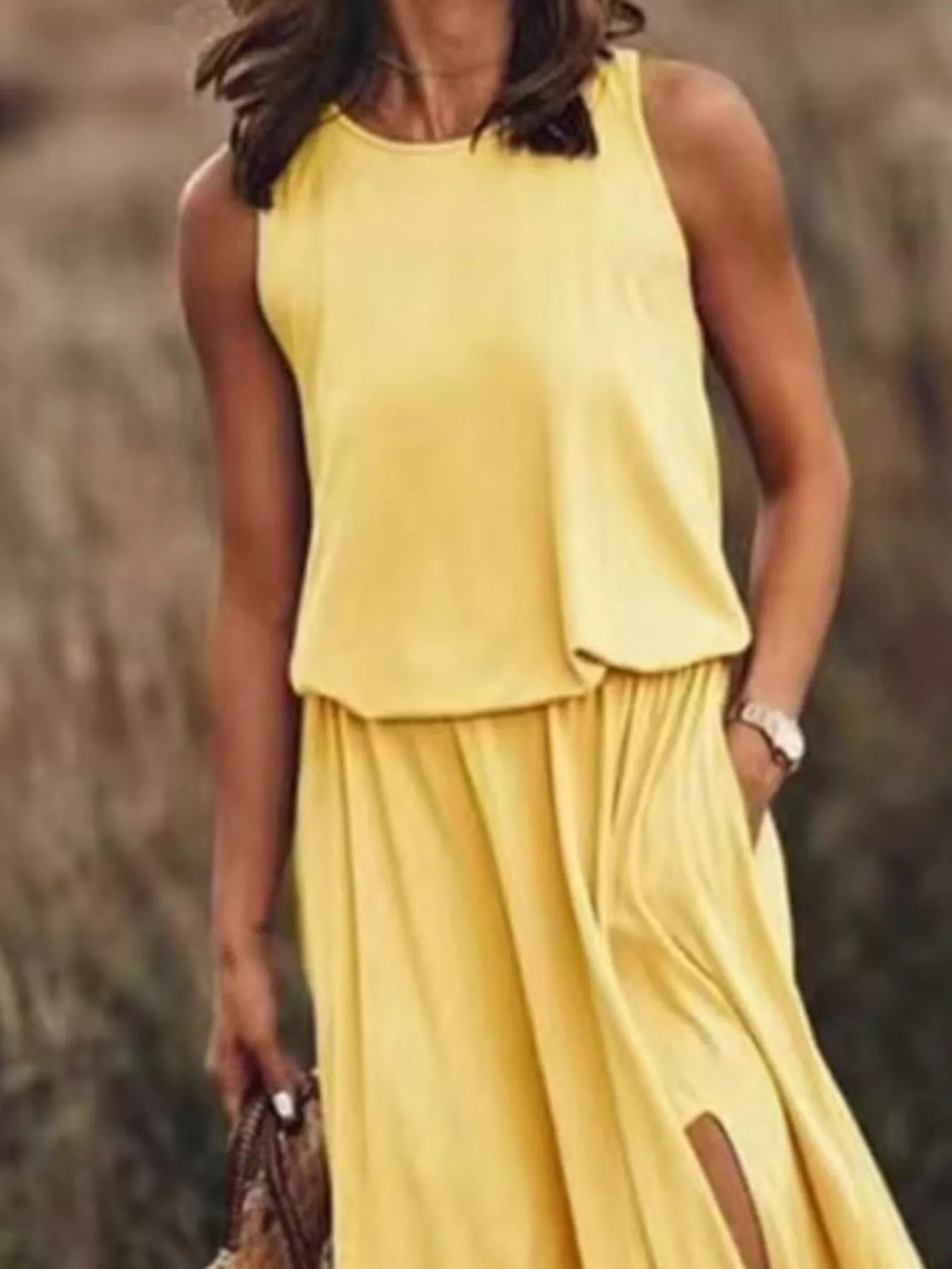 Full Size Round Neck Sleeveless Slit Maxi Dress Plus Size - PBNJ FASHIONS