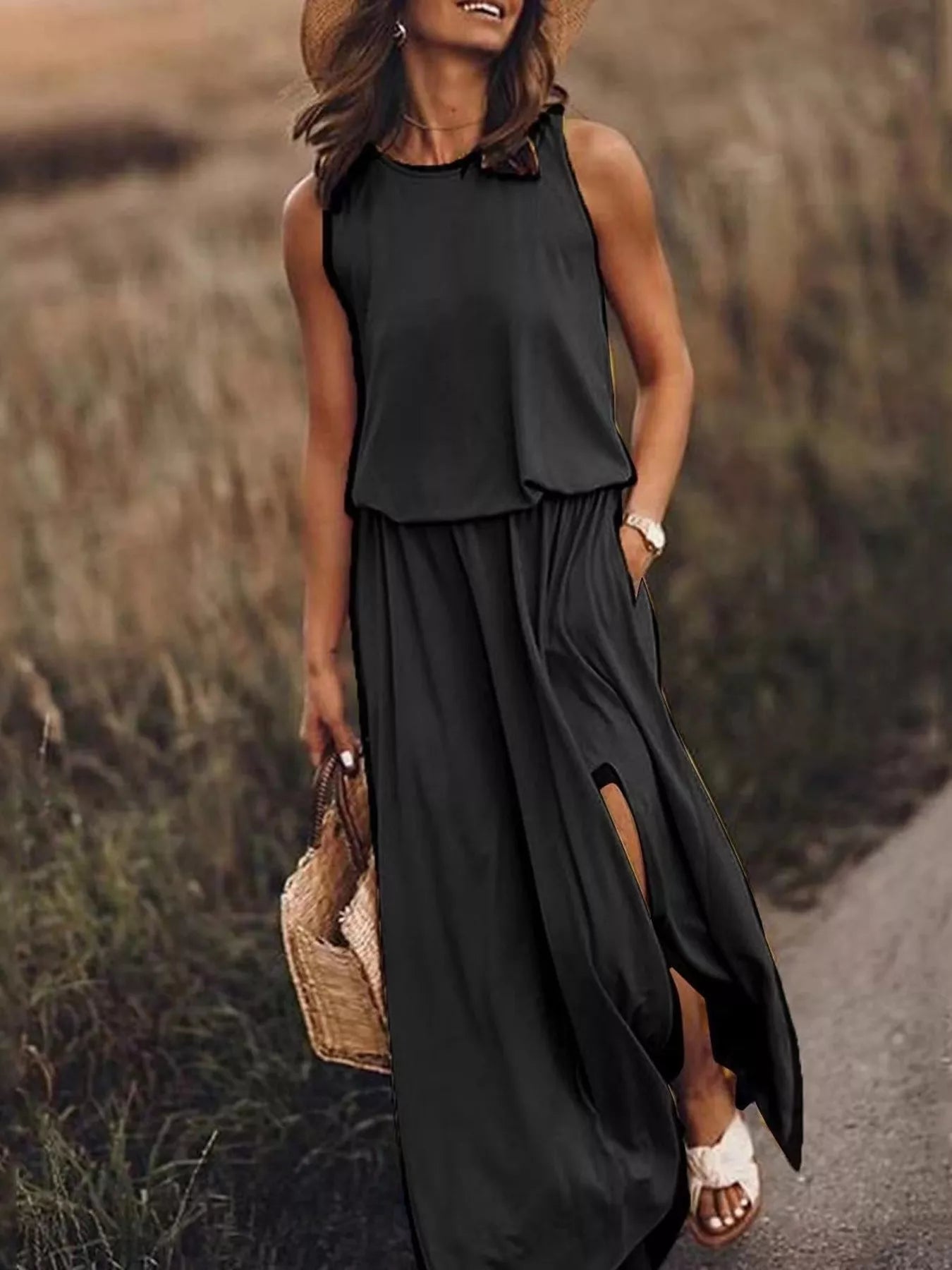 Full Size Round Neck Sleeveless Slit Maxi Dress Plus Size - PBNJ FASHIONS