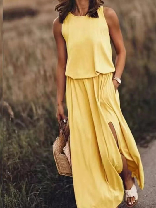 Full Size Round Neck Sleeveless Slit Maxi Dress Plus Size - PBNJ FASHIONS
