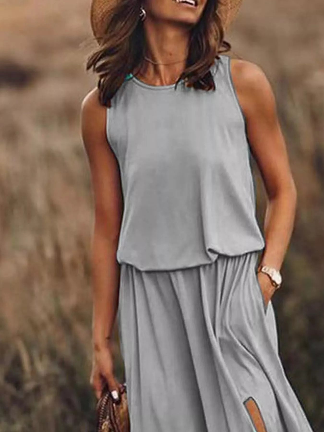 Full Size Round Neck Sleeveless Slit Maxi Dress Plus Size - PBNJ FASHIONS