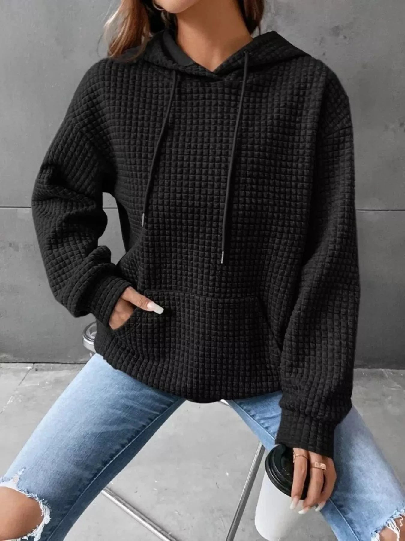 Full Size Textured Kangaroo Pocket Hoodie Plus Size - PBNJ FASHIONS