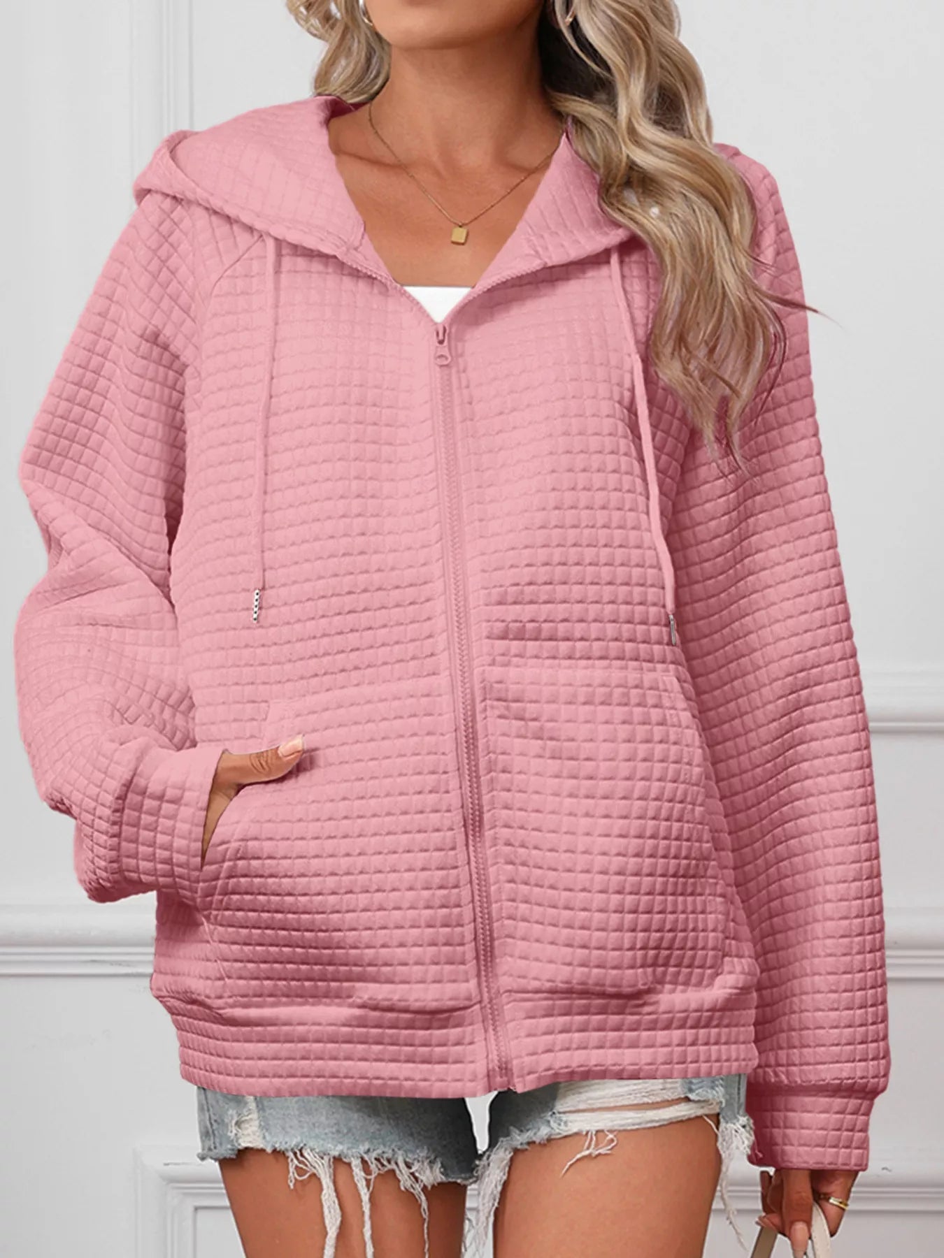 Full Size Textured Quilted Zip - Up Hooded Jacket Plus Size - PBNJ FASHIONS