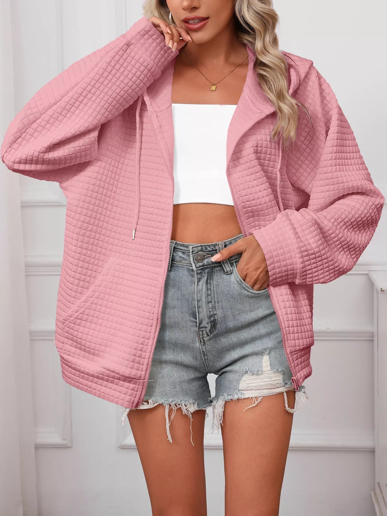 Full Size Textured Quilted Zip - Up Hooded Jacket Plus Size - PBNJ FASHIONS