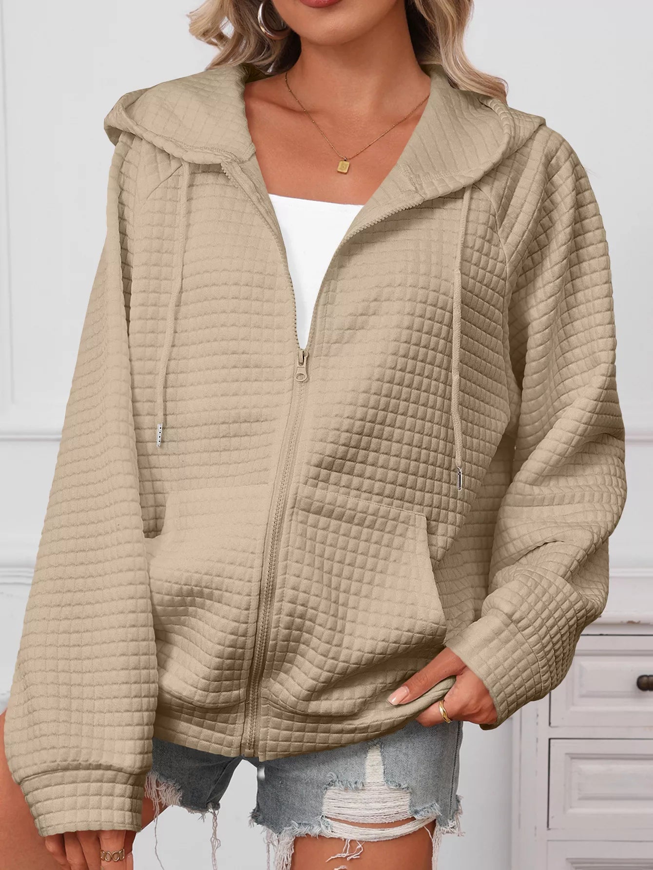 Full Size Textured Quilted Zip - Up Hooded Jacket Plus Size - PBNJ FASHIONS
