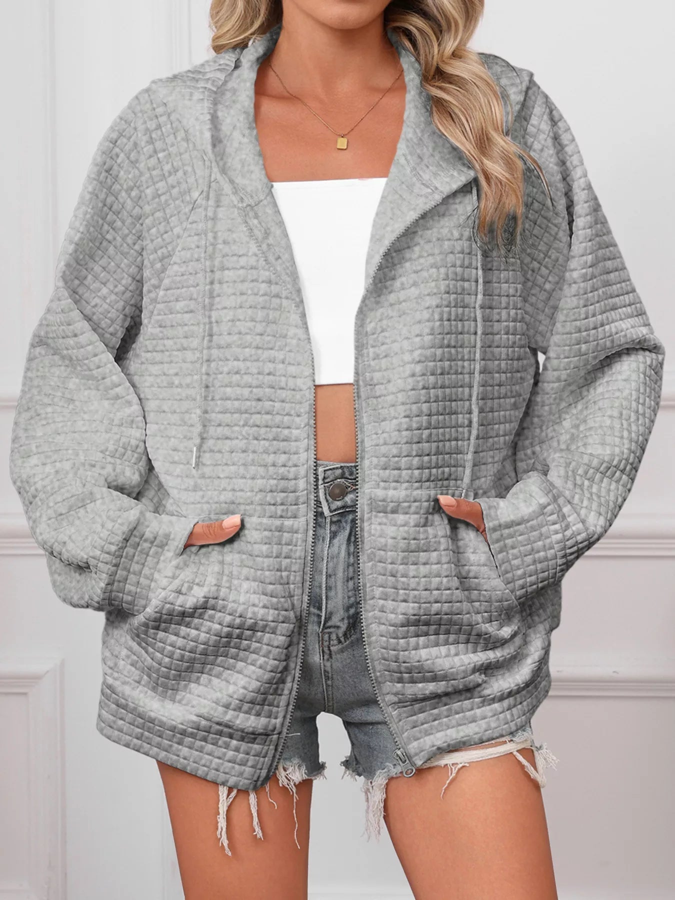 Full Size Textured Quilted Zip - Up Hooded Jacket Plus Size - PBNJ FASHIONS
