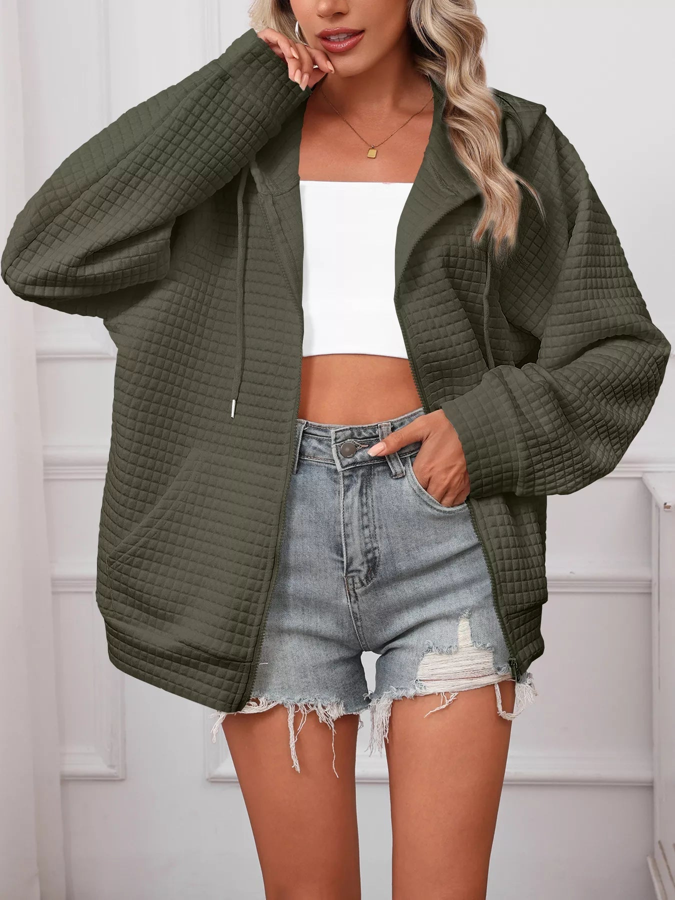 Full Size Textured Quilted Zip - Up Hooded Jacket Plus Size - PBNJ FASHIONS
