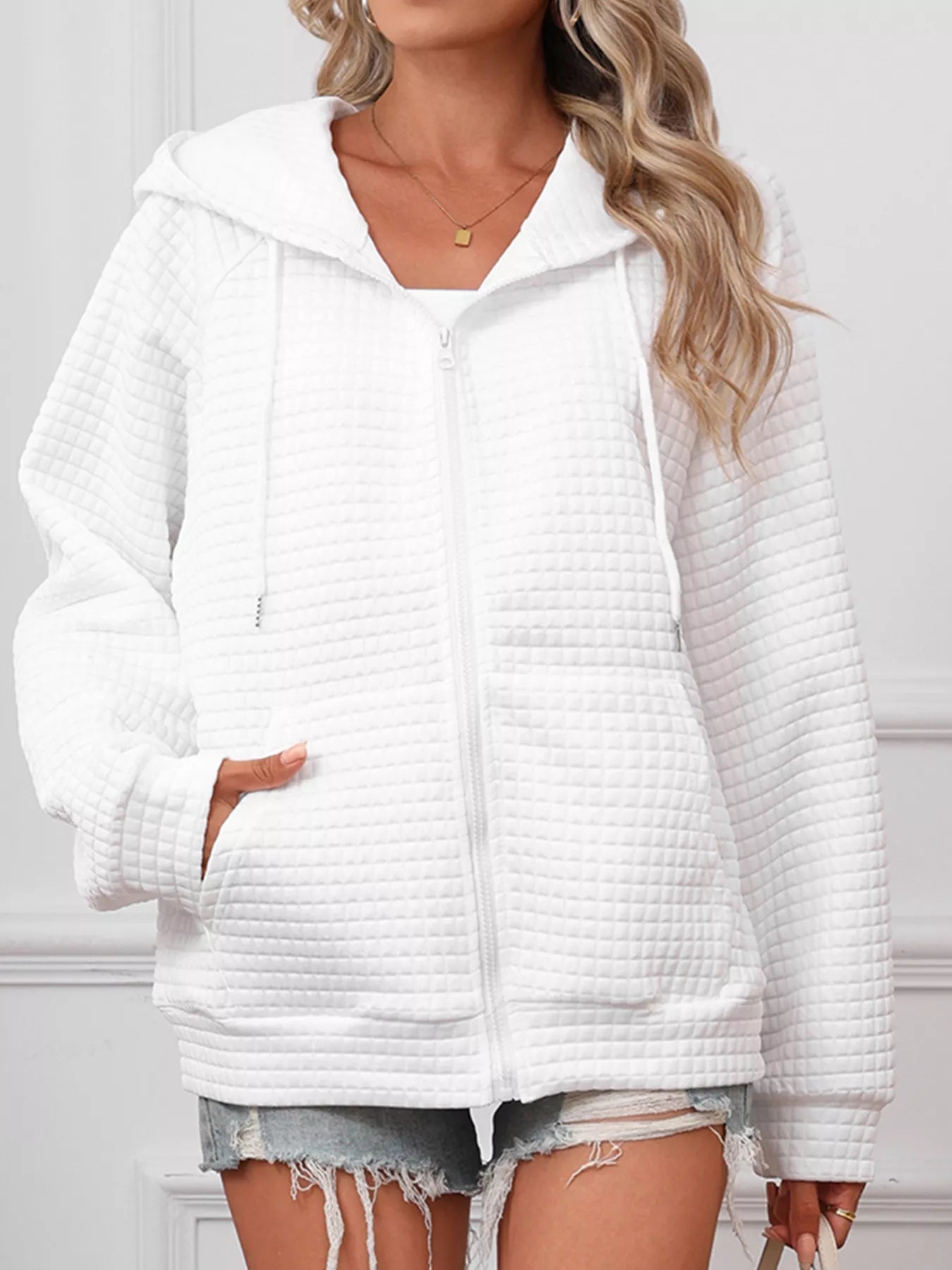 Full Size Textured Quilted Zip - Up Hooded Jacket Plus Size - PBNJ FASHIONS