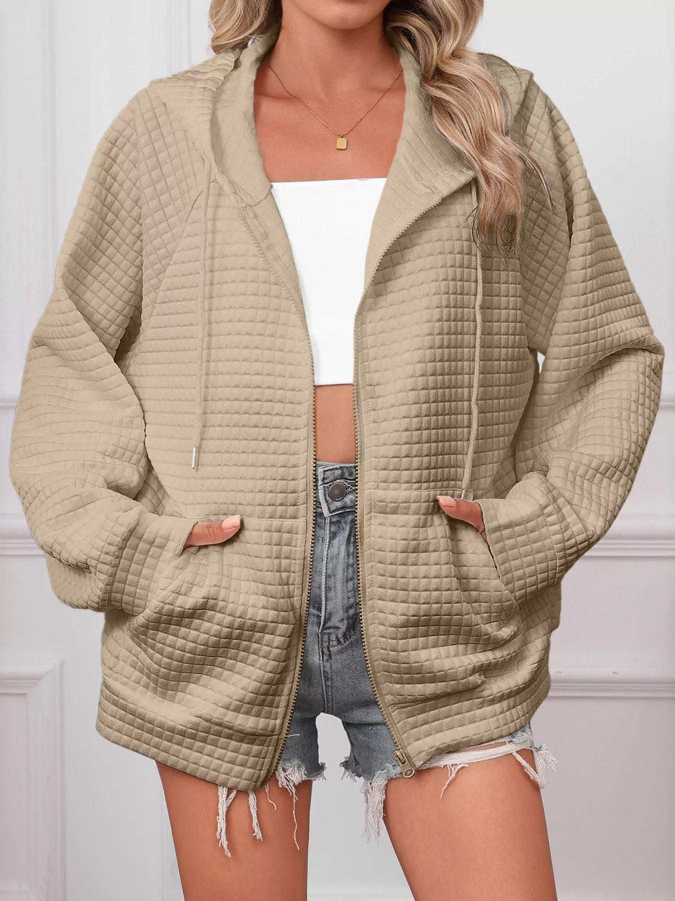 Full Size Textured Quilted Zip - Up Hooded Jacket Plus Size - PBNJ FASHIONS
