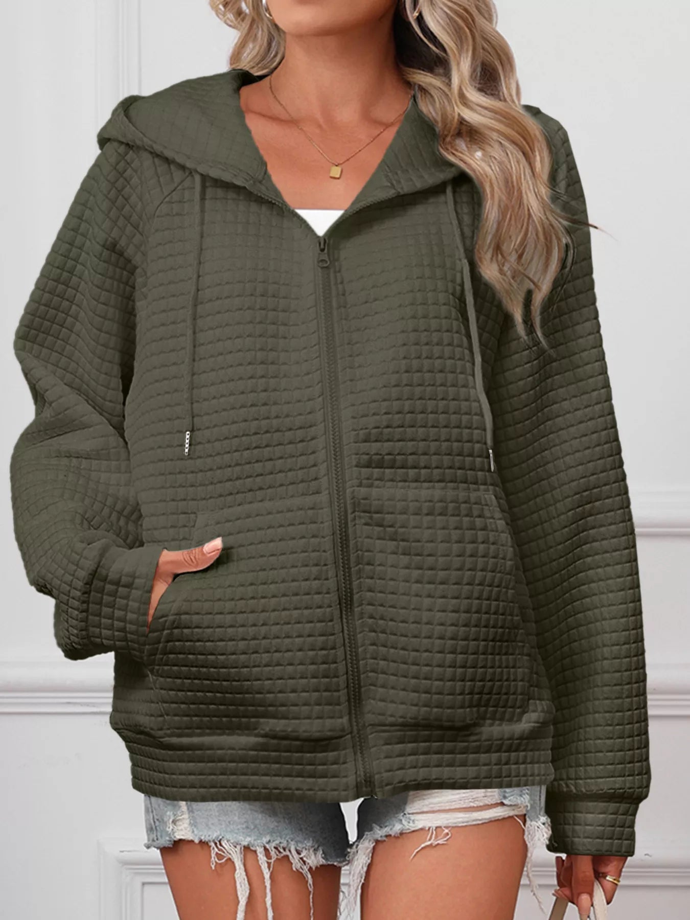 Full Size Textured Quilted Zip - Up Hooded Jacket Plus Size - PBNJ FASHIONS