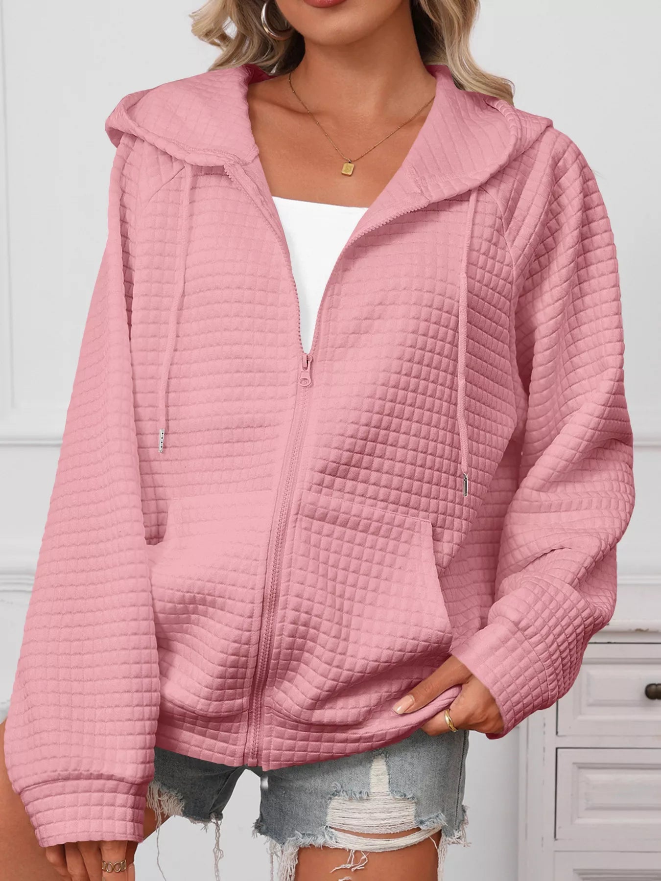 Full Size Textured Quilted Zip - Up Hooded Jacket Plus Size - PBNJ FASHIONS