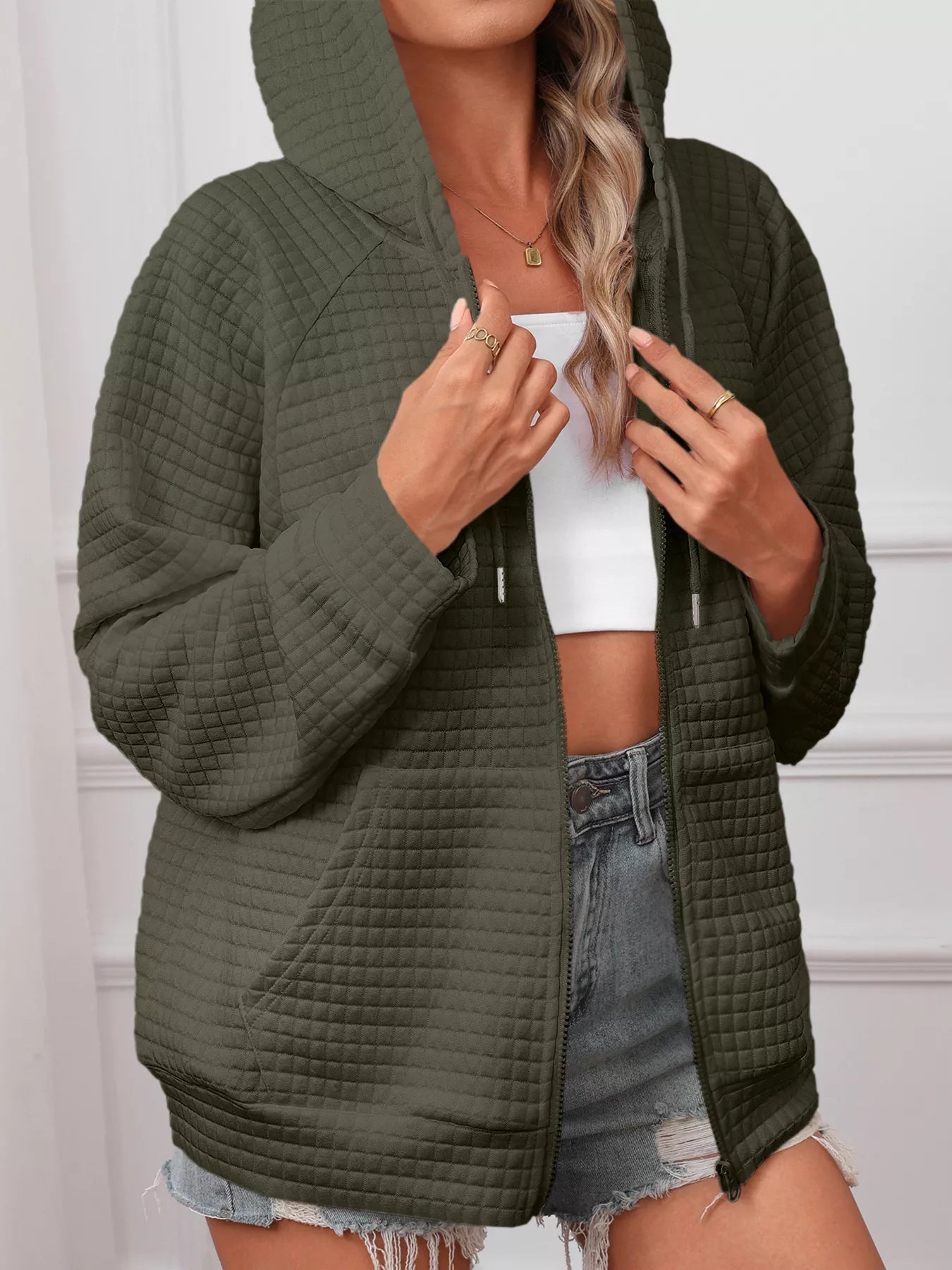 Full Size Textured Quilted Zip - Up Hooded Jacket Plus Size - PBNJ FASHIONS