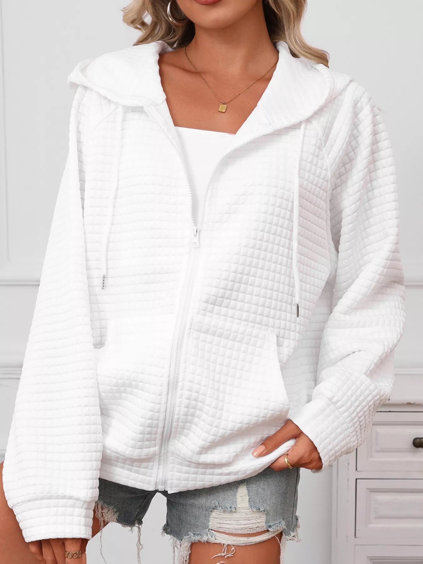 Full Size Textured Quilted Zip - Up Hooded Jacket Plus Size - PBNJ FASHIONS