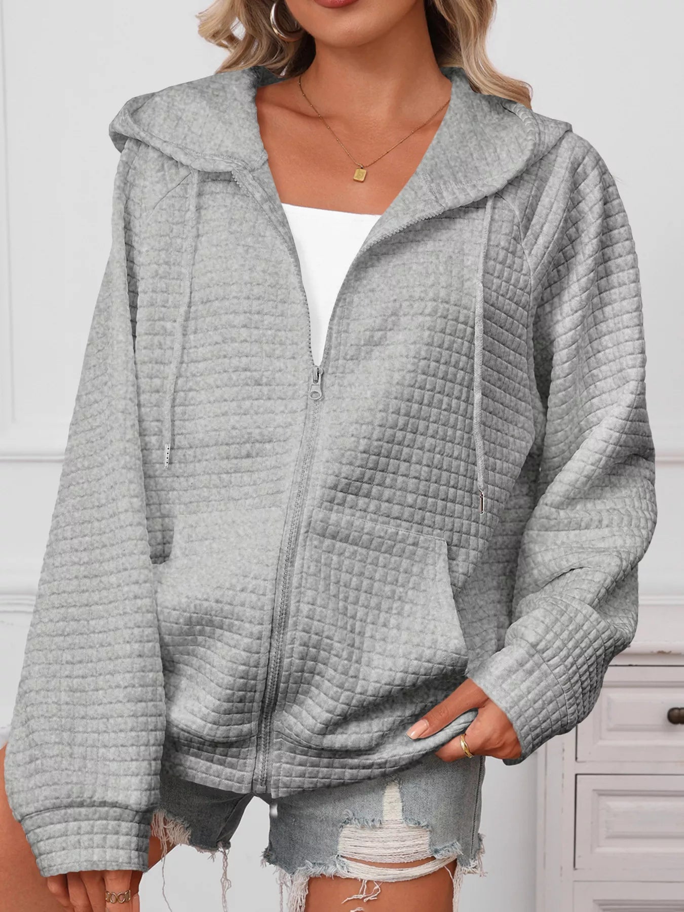 Full Size Textured Quilted Zip - Up Hooded Jacket Plus Size - PBNJ FASHIONS