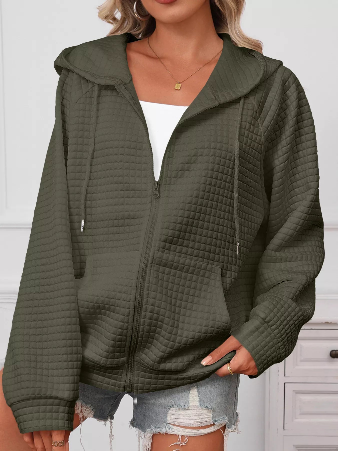 Full Size Textured Quilted Zip - Up Hooded Jacket Plus Size - PBNJ FASHIONS